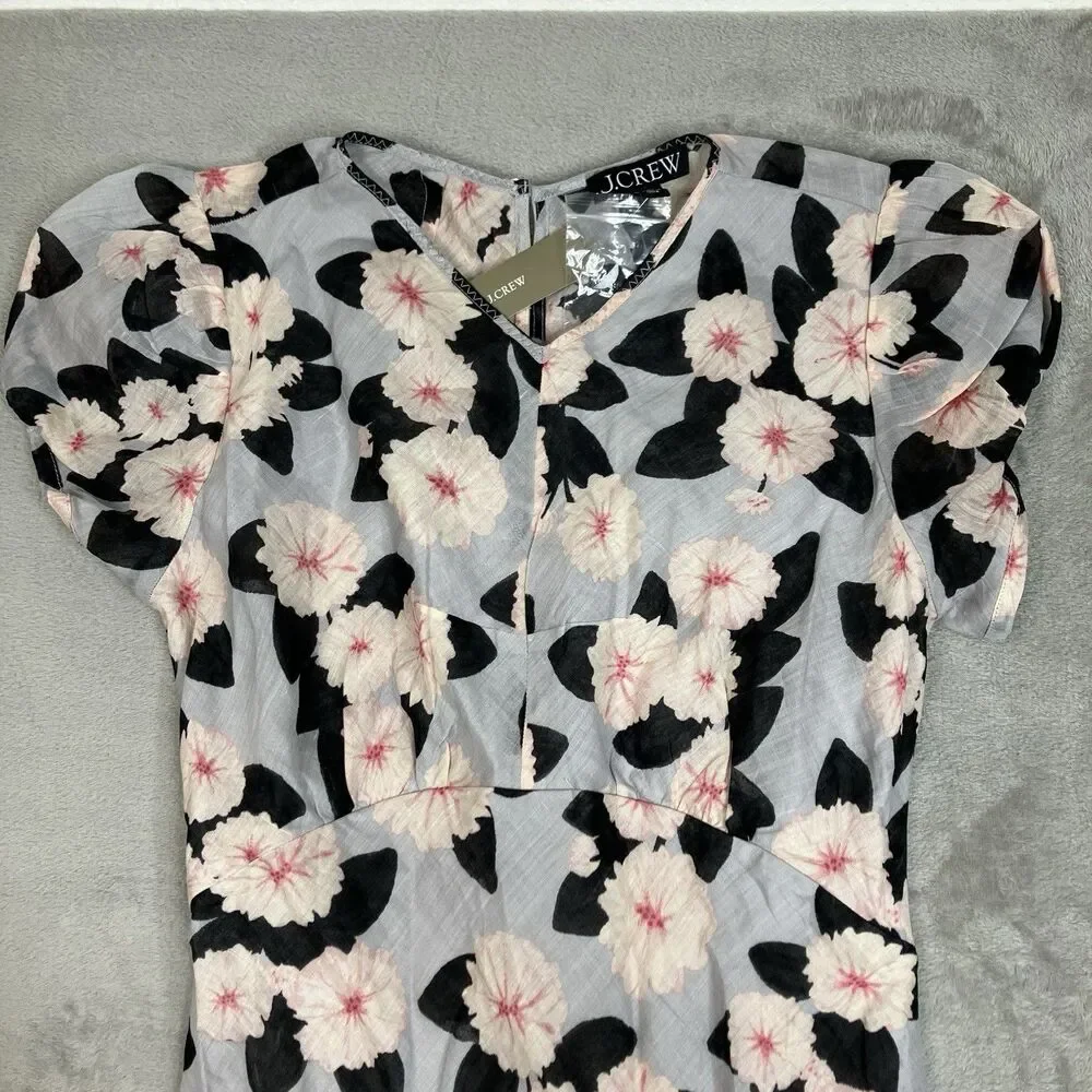 J Crew Ramie Midi Dress Womens 2 Pink Ruffle Hem Poppy Floral V Neck CT303